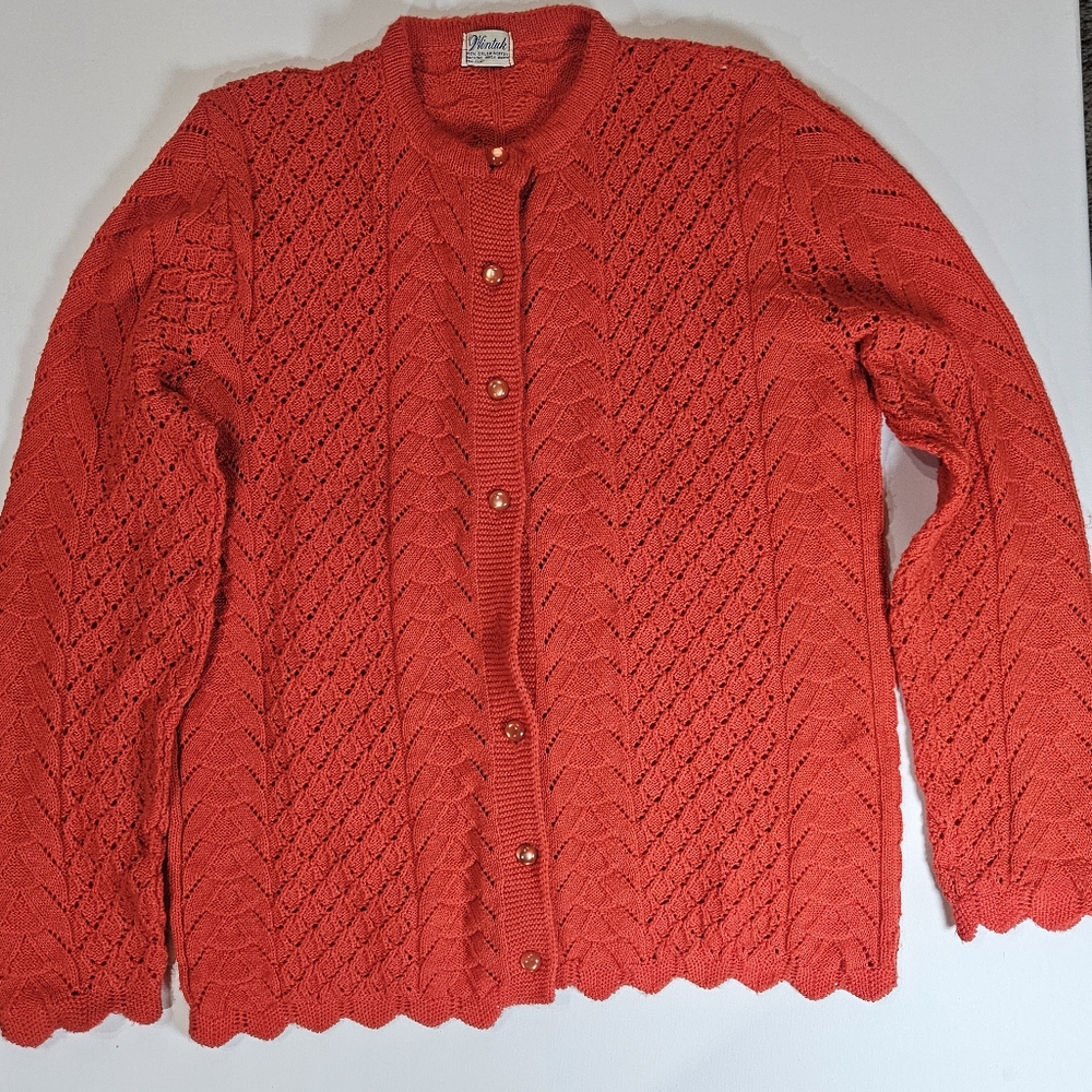 Vintage Wintuk Sweater Womens Large Coral 80s Grannycore Button‎ Down Fall Top